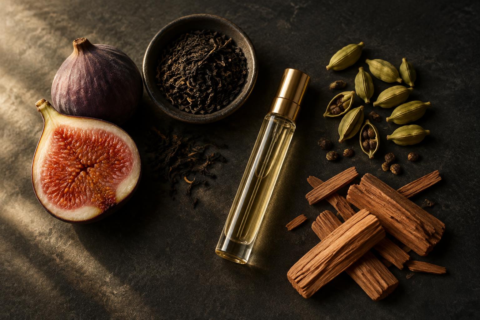 An editorial study of fragrance ingredients: fig, tea, cardamom and woods